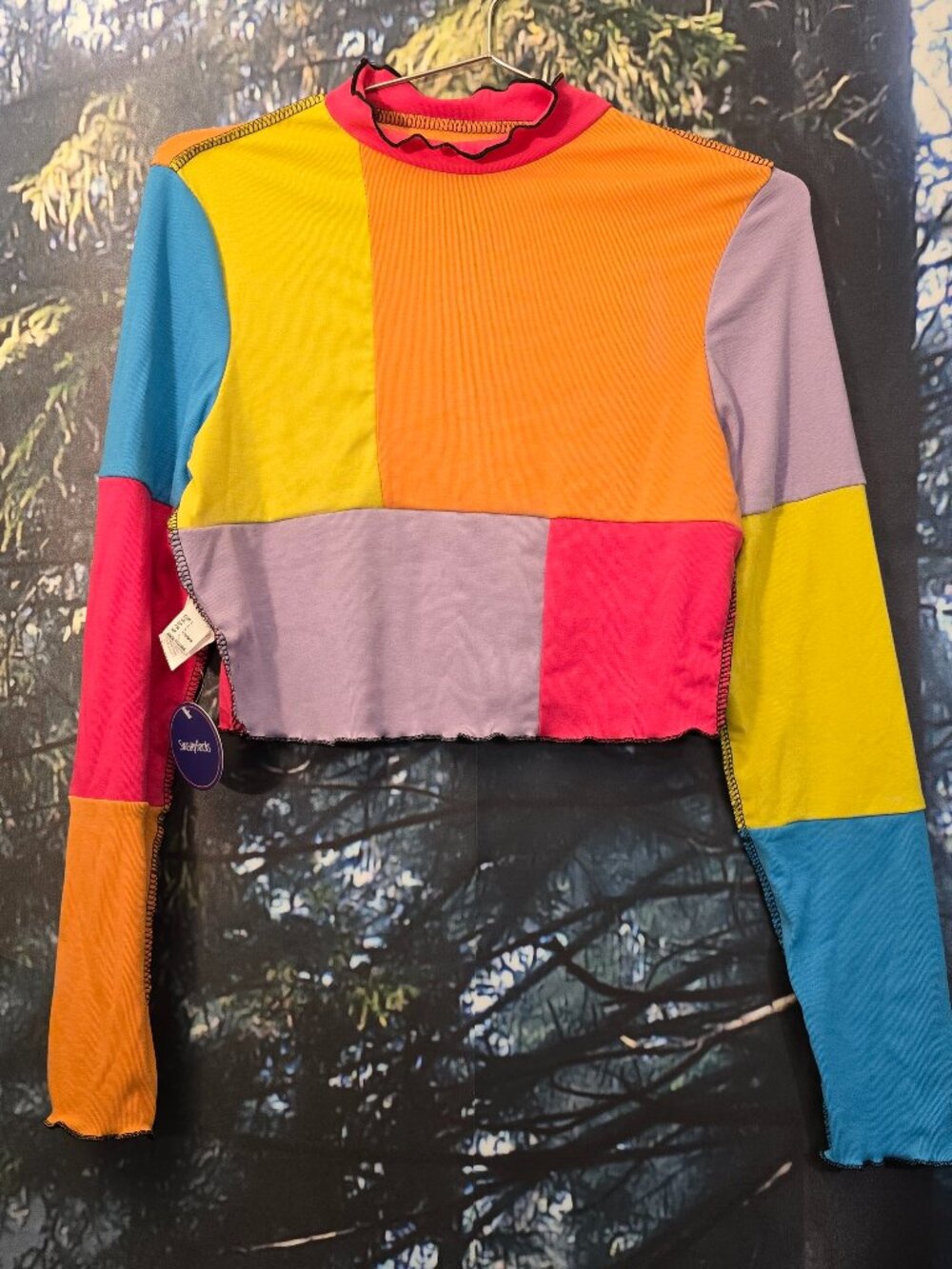 Color Block Crop Top Womens Large Long Sleeve Ribbed Slim Fit Multicolor